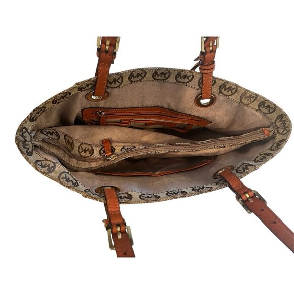 Michael Kors Brown MK Monogram Canvas Shoulder Tote Bag Purse - Picture 10 of 11